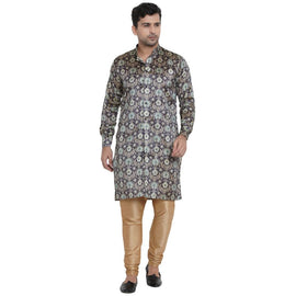 Veera Paridhaan Men's Ethnic Blue Jacquard Multi print  Sherwani Style Long  Straight Kurta