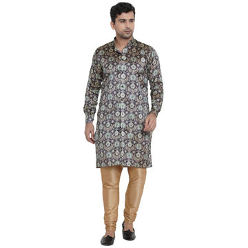 Veera Paridhaan Men's Ethnic Blue Jacquard Multi print  Sherwani Style Long  Straight Kurta