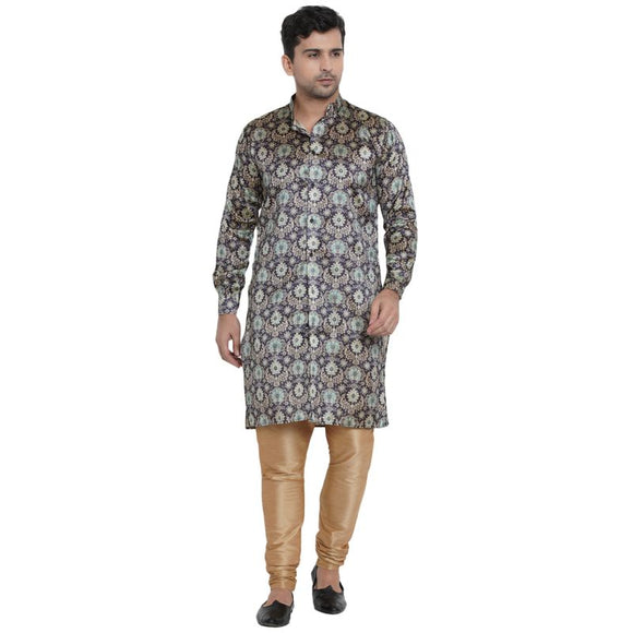 Veera Paridhaan Men's Ethnic Blue Jacquard Multi print  Sherwani Style Long  Straight Kurta