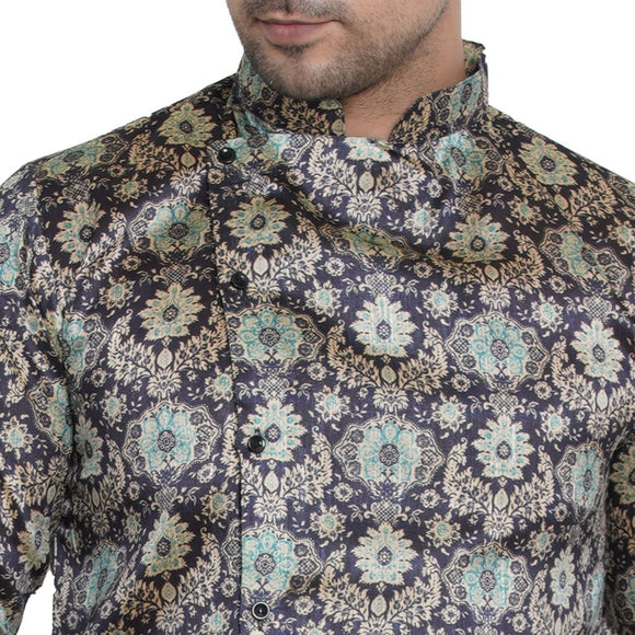 Veera Paridhaan Men's Ethnic Blue Multi print Side Button Long  Asymmetric  Kurta