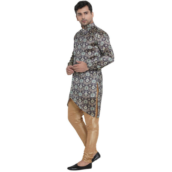 Veera Paridhaan Men's Ethnic Blue Multi print Side Button Long  Asymmetric  Kurta