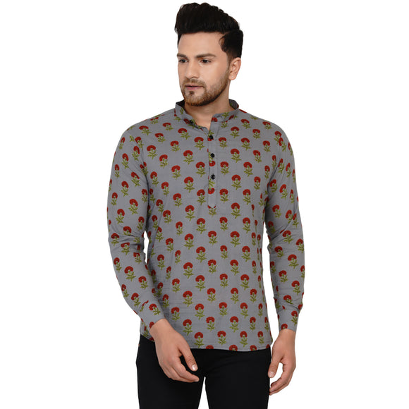Veera Paridhaan Men's Cotton Sanganeri Printed Full Sleeve Short kurta