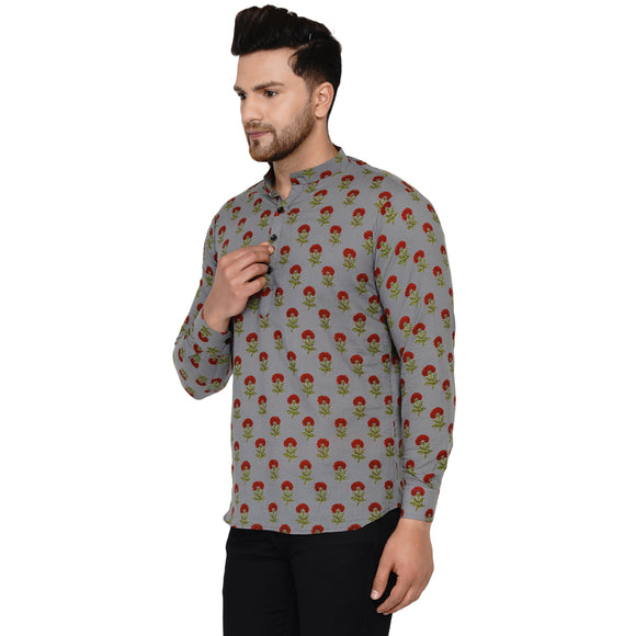 Veera Paridhaan Men's Cotton Sanganeri Printed Full Sleeve Short kurta