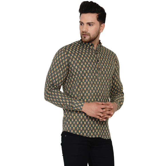 Veera Paridhaan Men's Cotton Sanganeri Printed Full Sleeve Short kurta