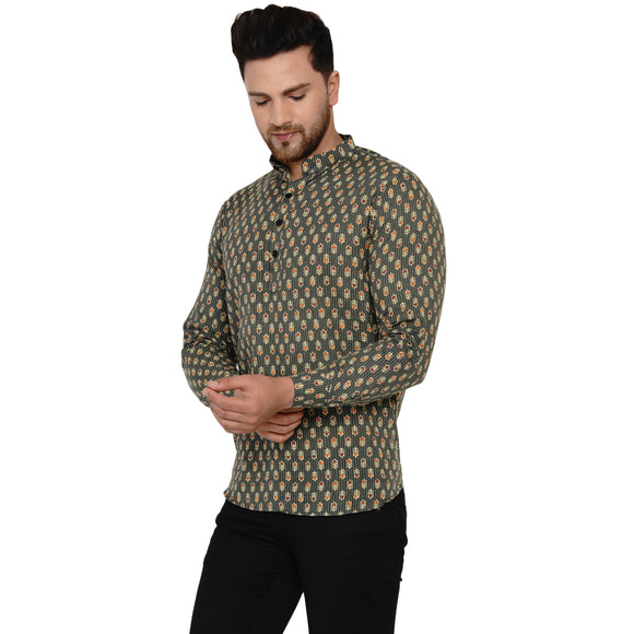 Veera Paridhaan Men's Cotton Sanganeri Printed Full Sleeve Short kurta