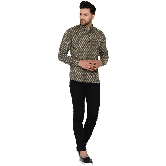 Veera Paridhaan Men's Cotton Sanganeri Printed Full Sleeve Short kurta