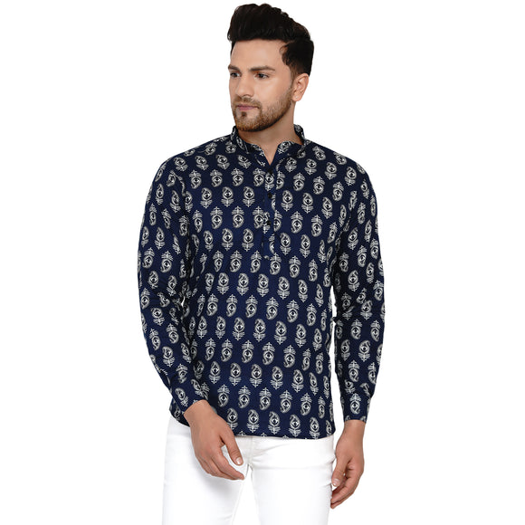 Veera Paridhaan Men's Cotton Sanganeri Printed Full Sleeve Short kurta