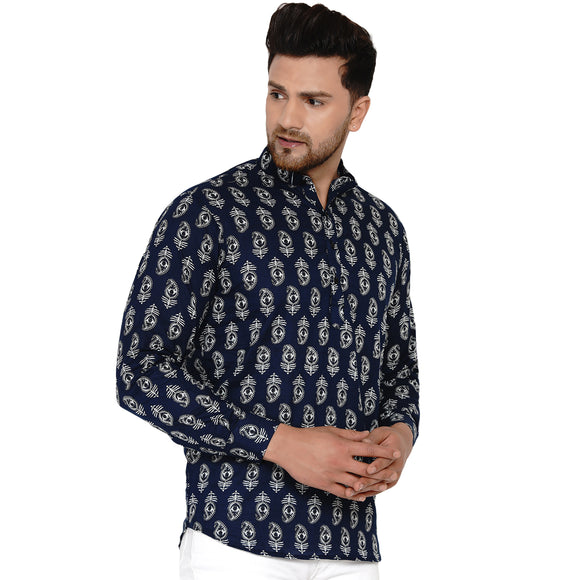 Veera Paridhaan Men's Cotton Sanganeri Printed Full Sleeve Short kurta