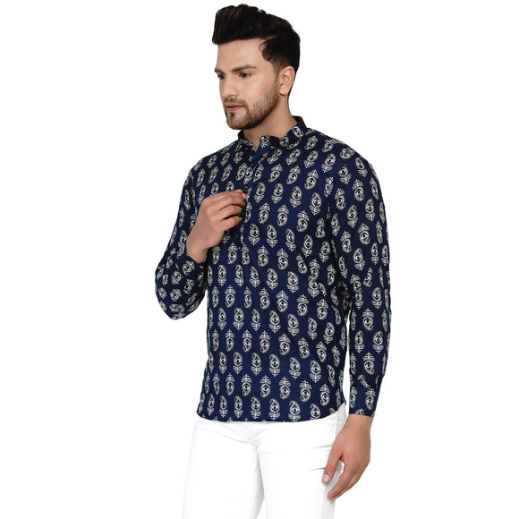 Veera Paridhaan Men's Cotton Sanganeri Printed Full Sleeve Short kurta