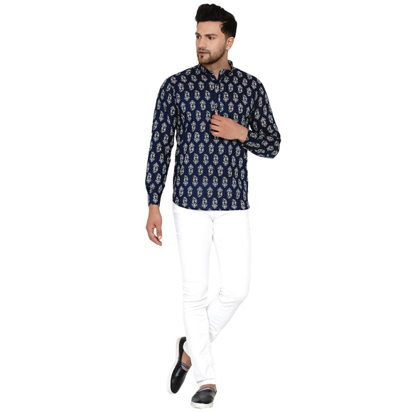 Veera Paridhaan Men's Cotton Sanganeri Printed Full Sleeve Short kurta