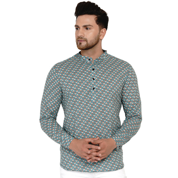 Veera Paridhaan Men's Cotton Sanganeri Printed Full Sleeve Short kurta