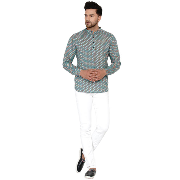 Veera Paridhaan Men's Cotton Sanganeri Printed Full Sleeve Short kurta