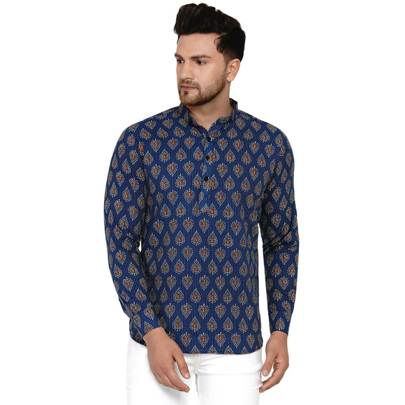 Veera Paridhaan Men's Cotton Sanganeri Printed Full Sleeve Short kurta