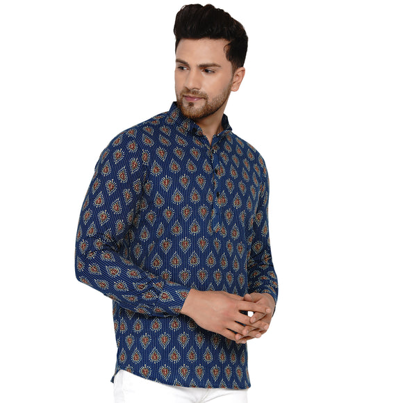Veera Paridhaan Men's Cotton Sanganeri Printed Full Sleeve Short kurta