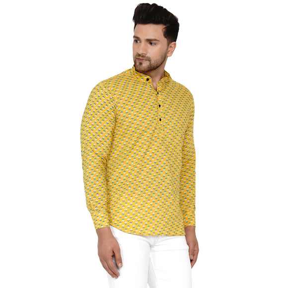 Veera Paridhaan Men's Cotton Sanganeri Printed Full Sleeve Short kurta