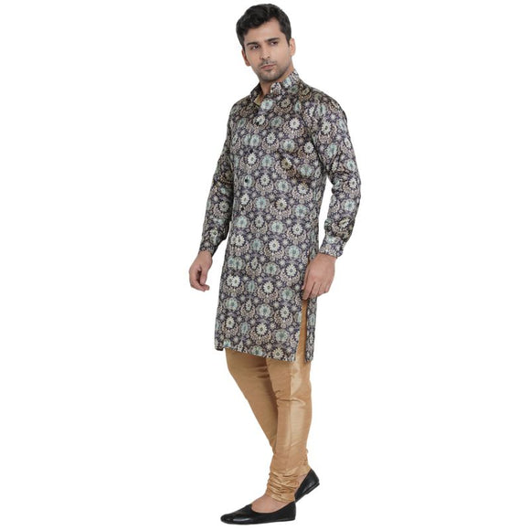 Veera Paridhaan Men's Ethnic Blue Jacquard Multi print  Sherwani Style Long  Straight Kurta