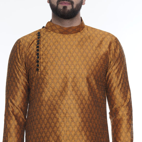 Veera Paridhaan Men's Ethnic Golden Jacquard Printed  Long  Straight Kurta