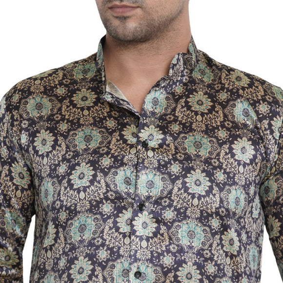 Veera Paridhaan Men's Ethnic Blue Jacquard Multi print  Sherwani Style Long  Straight Kurta