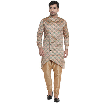 Veera Paridhaan Men's Ethnic  Beige Jacquard Multi print Side Button Long  Asymmetric  Kurta - 0