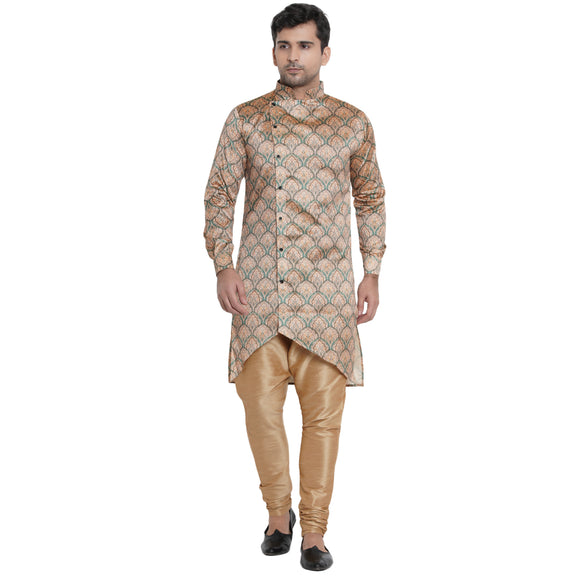 Veera Paridhaan Men's Ethnic  Beige Jacquard Multi print Side Button Long  Asymmetric  Kurta