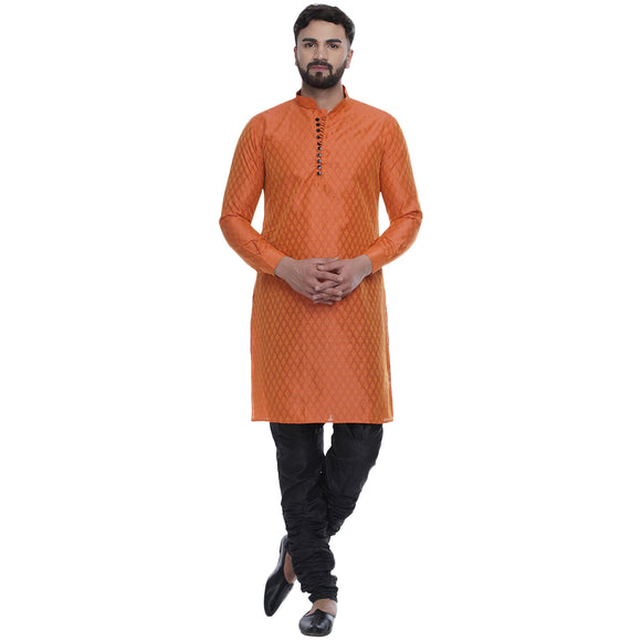 Veera Paridhaan Men's Ethnic Orange Jacquard Printed  Long  Straight Kurta