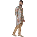 Veera Paridhaan Men's  Beige Printed Zig Zag Long Silk Kurta and Golden Silk Payjama-3