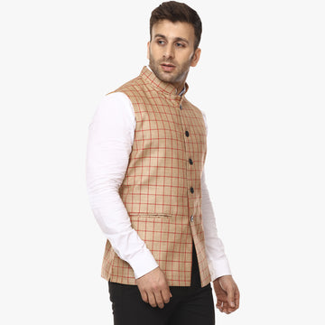 Veera Paridhaan Checkered Chinese Collar Sleeveless Cotton jute Nehru Jacket - 0