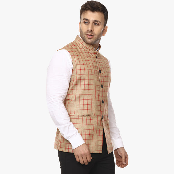 Veera Paridhaan Checkered Chinese Collar Sleeveless Cotton jute Nehru Jacket