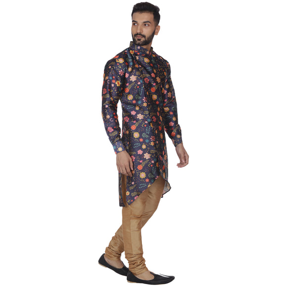 Veera Paridhaan Men's Blue Multi Print Zig Zag Long Silk Kurta and Golden Silk Payjama