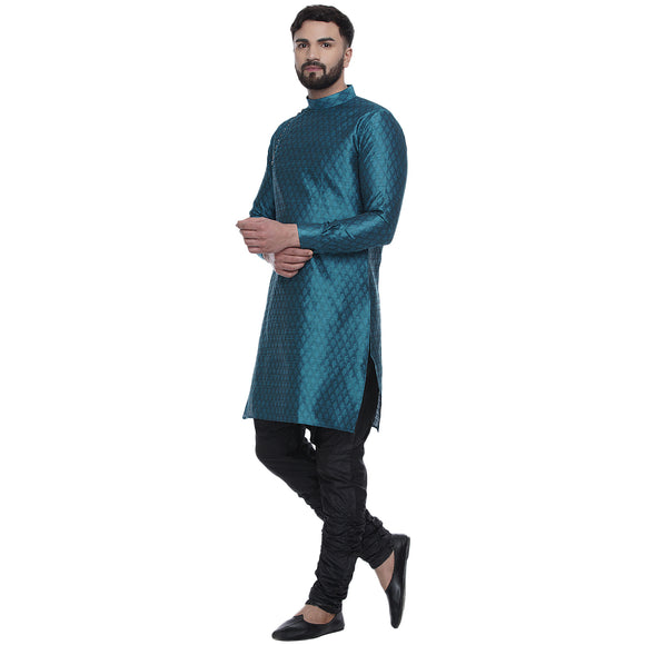 Veera Paridhaan Men's Ethnic Turquoise Jacquard Printed  Long  Straight Kurta