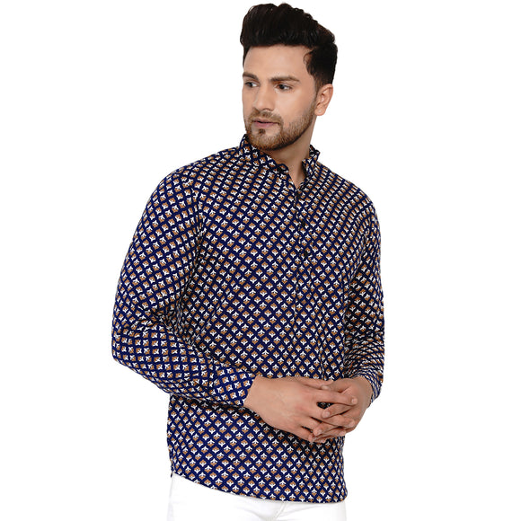 Veera Paridhaan Men's Cotton Sanganeri Printed Full Sleeve Short kurta