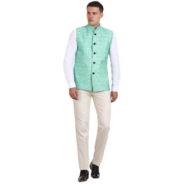 Veera Paridhaan Green Banarasi Print Nehru Jacket - 0