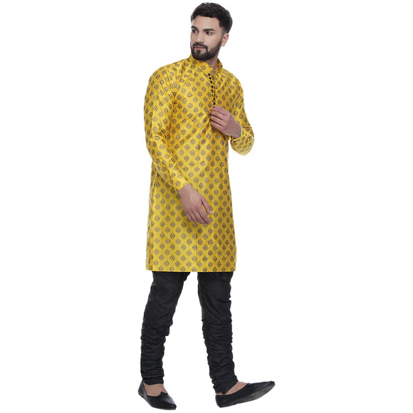 Veera Paridhaan Men's Ethnic Yellow Jacquard Printed  Long  Straight Kurta