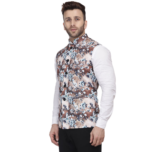 Veera Paridhaan Multi Print Pure cotton knitted Blue Nehru Jacket
