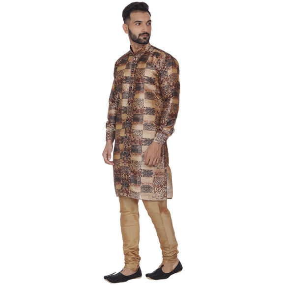 Veera Paridhaan Men's  Brown Printed Sherwani Style Long Silk Kurta