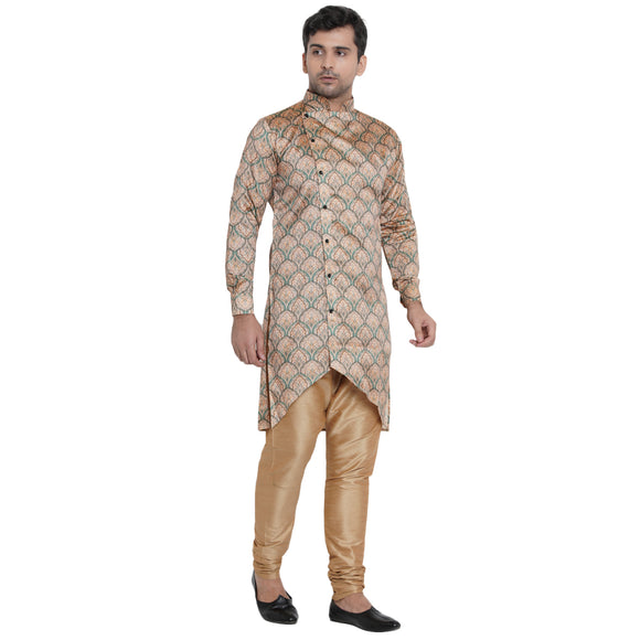 Veera Paridhaan Men's Ethnic  Beige Jacquard Multi print Side Button Long  Asymmetric  Kurta