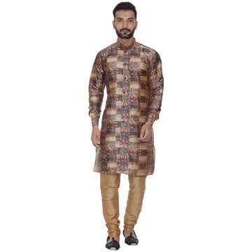 Veera Paridhaan Men's  Brown Printed Sherwani Style Long Silk Kurta