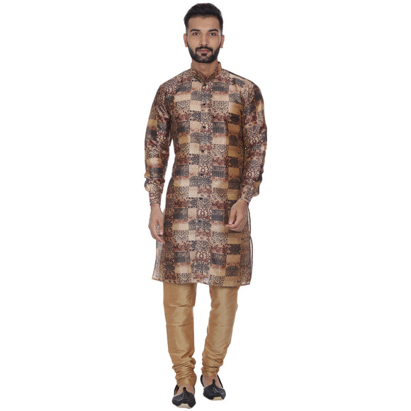 Veera Paridhaan Men's  Brown Printed Sherwani Style Long Silk Kurta