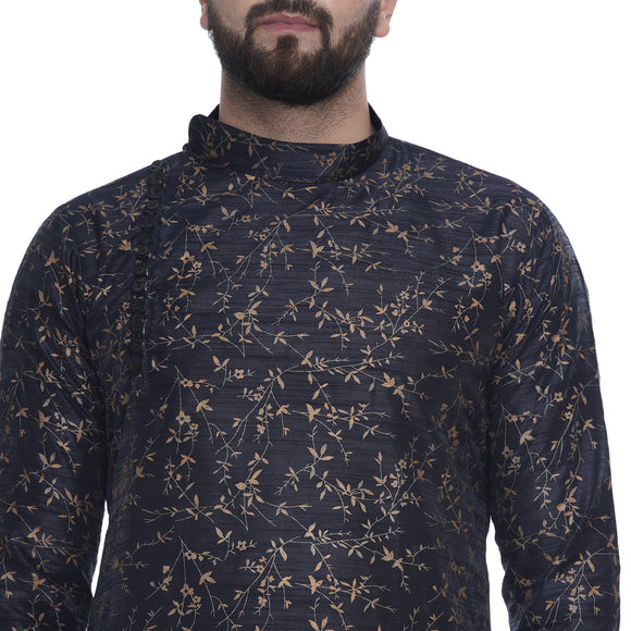 Veera Paridhaan Men's Ethnic Blue Jacquard Printed  Long  Straight Kurta