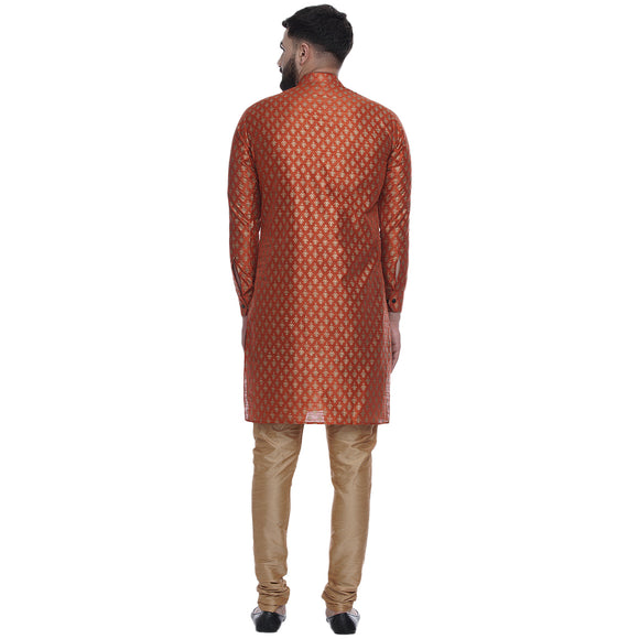 Veera Paridhaan Men's Ethnic Orange Jacquard Printed  Long  Straight Kurta