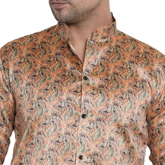 Veera Paridhaan Men's Ethnic  Beige Jacquard Multi print  Sherwani Style Long  Straight Kurta