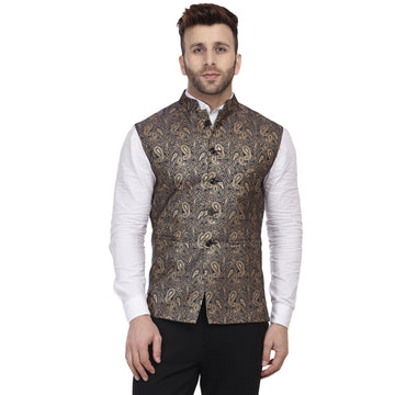 Veera Paridhaan Banarasi Jacquard Print Black Nehru Jacket