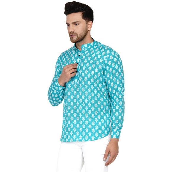 Veera Paridhaan Men's Cotton Sanganeri Printed Full Sleeve Short kurta