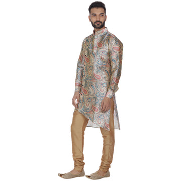 Veera Paridhaan Men's  Beige Printed Zig Zag Long Silk Kurta and Golden Silk Payjama - 0