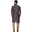 Veera Paridhaan Men's Blue Multi Print Sherwani style Long Silk Kurta and Golden Silk Payjama-4