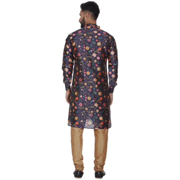 Veera Paridhaan Men's Blue Multi Print Sherwani style Long Silk Kurta and Golden Silk Payjama