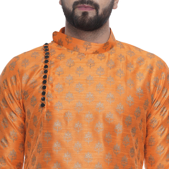 Veera Paridhaan Men's Ethnic Orange Jacquard Printed  Long  Straight Kurta