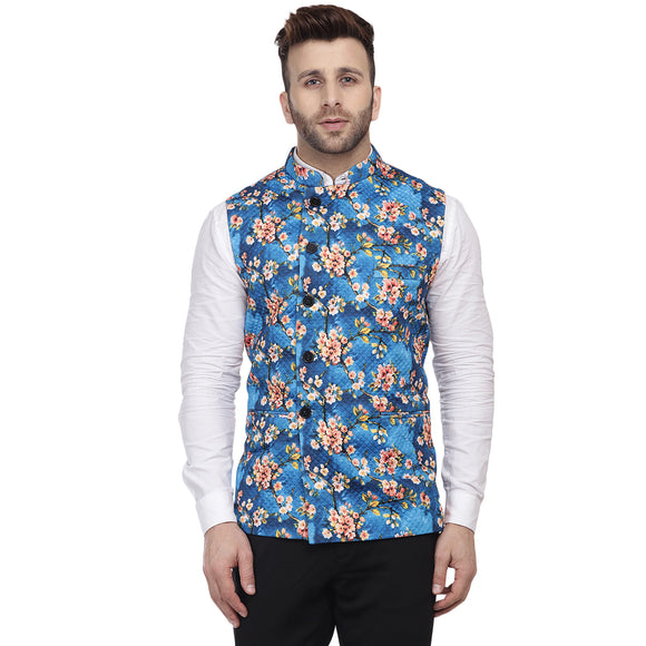 Veera Paridhaan Multi Print Pure cotton knitted Blue Nehru Jacket