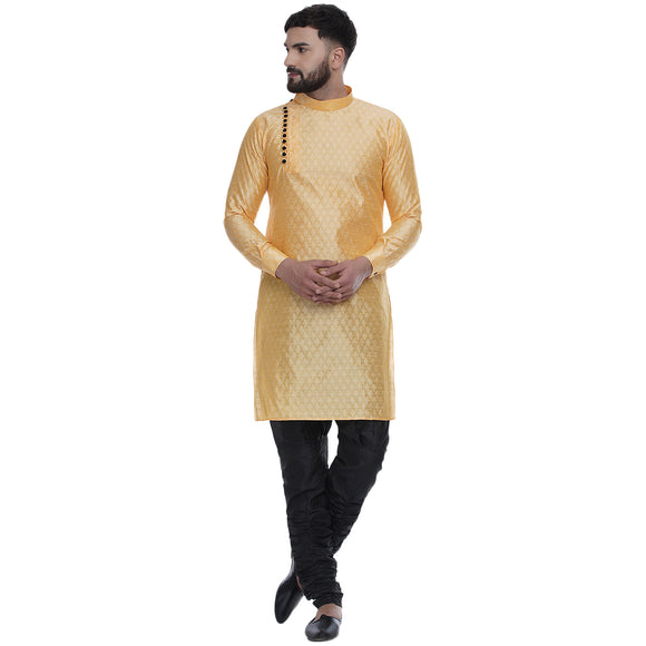 Veera Paridhaan Men's Ethnic Yellow Jacquard Printed  Long  Straight Kurta
