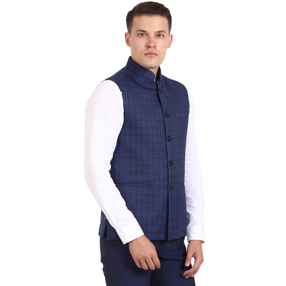 Veera Paridhaan Blue Checkered CottonPoly Nehru Jacket